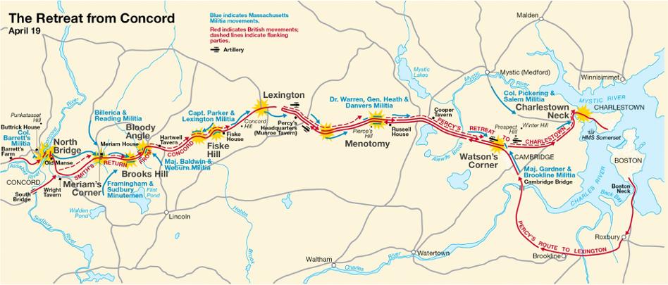 Detail map of Lexington & Concord battle