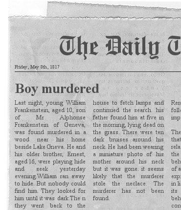 Boy murdered - newspaper clipping - frankenstein - activity