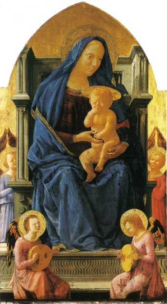 Masaccio - Madonna in trono con il Bambino e quattro angeli - 1426 - Tempera e oro su tavola - originariamente nel Polittico di Pisa, dipinto per la Chiesa del Carmine - oggi esposto alla National Gallery, Londra.