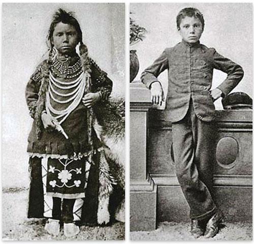 Thomas Moore before and after his entrance into the Regina Indian Residential School in Saskatchewan in 1874.