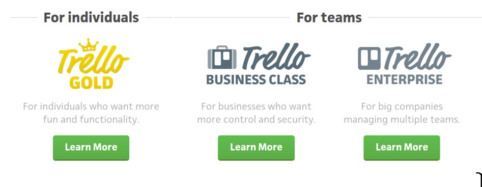 Trello 4種用戶, 免費, 黃金級, 商業級, 企業級