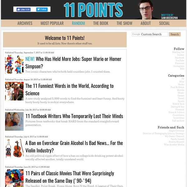 11 Points - A Blog of Lists by Sam Greenspan. Funny lists, movie lists, sports lists, top lists. So, basically, lists.