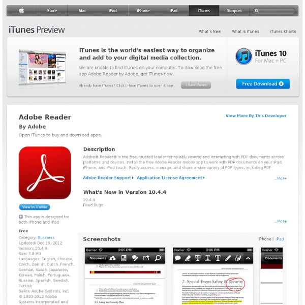 Adobe Reader for iPhone 3GS, iPhone 4, iPhone 4S, iPhone 5, iPod touch (3rd generation), iPod touch (4th generation), iPod touch (5th generation) and iPad on the iTunes App Store