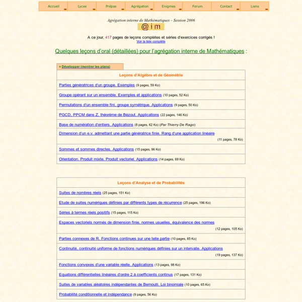 Agrégation interne de Mathématiques 2006 : leçons détaillées et exercices corrigés pour l'oral