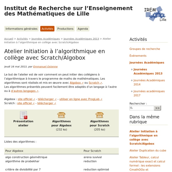 Atelier Initiation à l'algorithmique en collège avec Scratch/Algobox - IREM de Lille - Activités (site de secours)