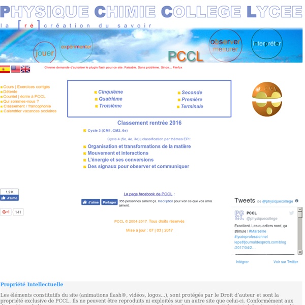PCCL - Physique Chimie au Collège et au Lycée : soutien scolaire en animations pédagogiques flash de cours et exercices corrigés de sciences physiques. Tutoriels vidéo pour les débutants en flash adobe. Physics and Chemistry at the Academy and High School