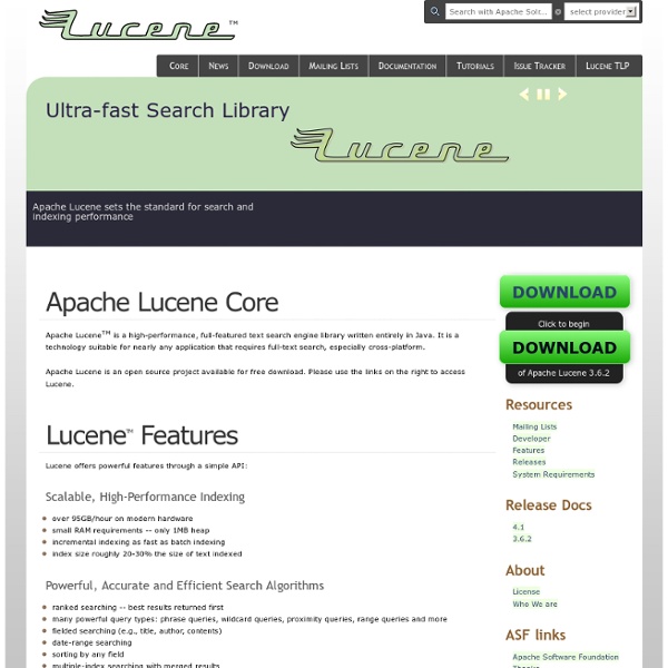 Lucene: high-performance, full-featured text search engine Java library.
