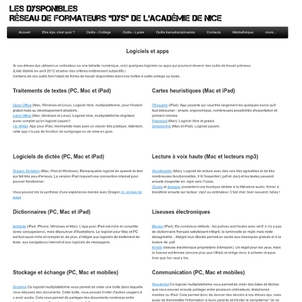 Logiciels et applications - Les dysponibles - Réseau des formateurs dys de l'Académie de Nice