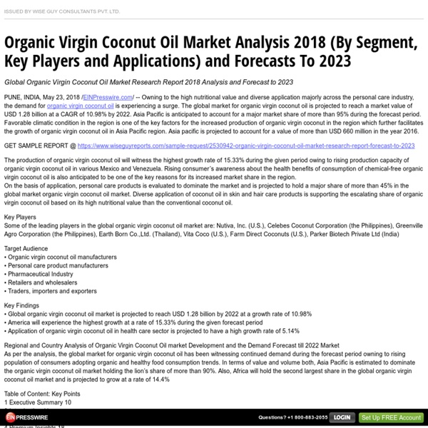 Organic Virgin Coconut Oil Market Analysis 2018 (By Segment, Key Players and Applications) and Forecasts To 2023