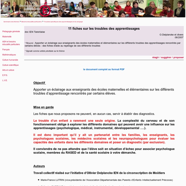 11 fiches sur les troubles des apprentissages - trouble, apprentissage, dyslexie, dysgraphie, dysorthographie, dyscalculie, dysphasie, dyspraxie, diagnostic, repérage