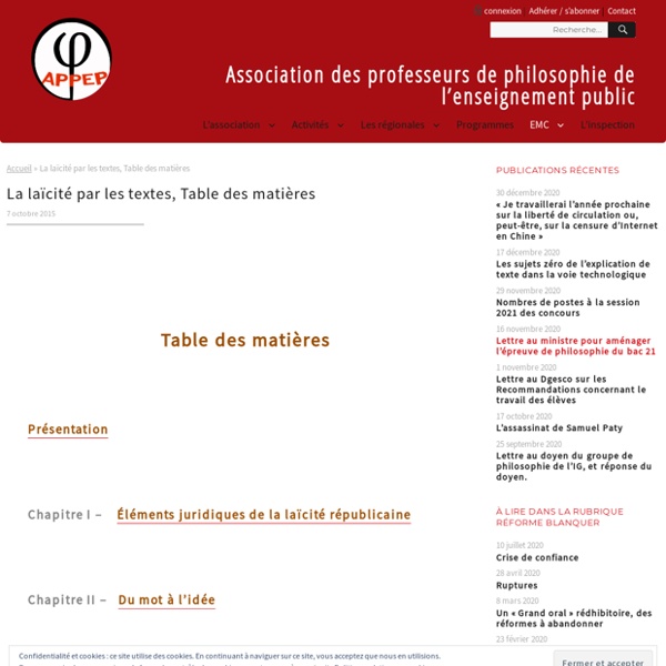 La laïcité par les textes, Table des matières - Association des professeurs d...