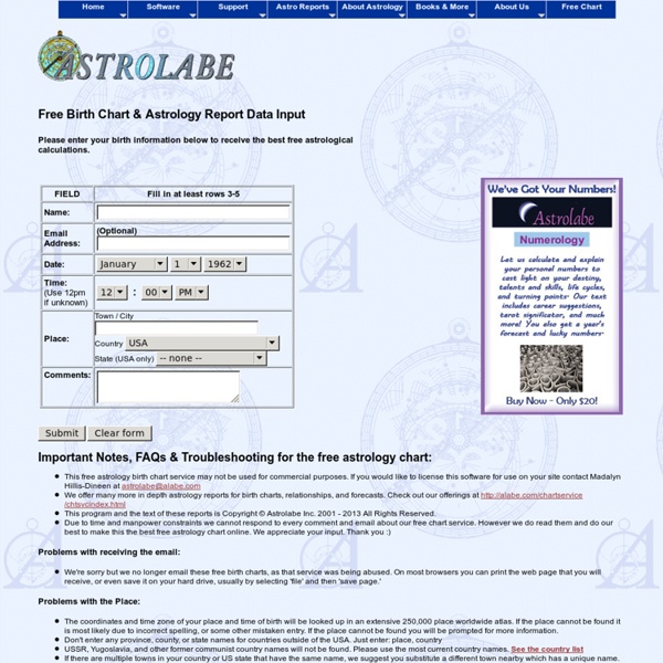 ASTROLABE: #1 Free Astrology Birth Chart Online: Astrolabe's Free Astro Chart, Horoscope Data Input Page