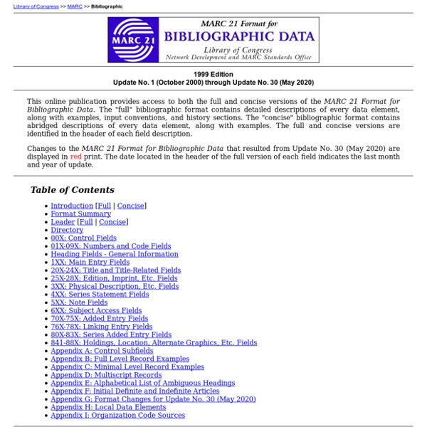 MARC 21 Format for Bibliographic Data: Table of Contents (Network Development and MARC Standards Office, Library of Congress)