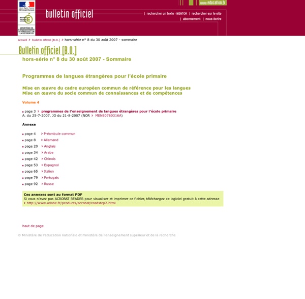 Bulletin officiel hors-série n° 8 du 30 août 2007 - Sommaire