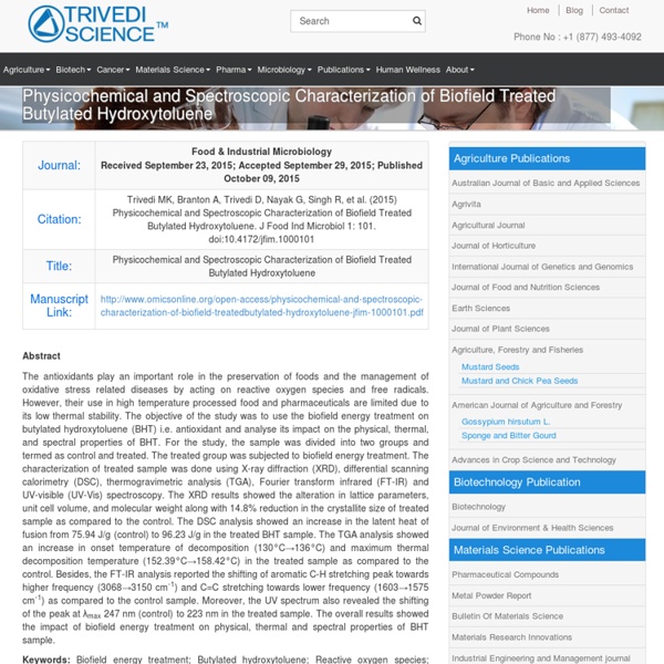 Physical, Thermal & Spectral Properties of Butylated Hydroxytoluene