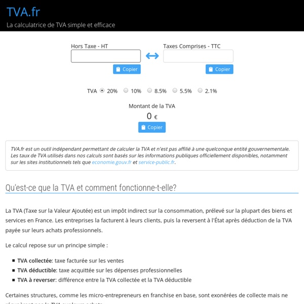 Calcul de la TVA, taux à 20%, 10%, 5.5% et 8.5%