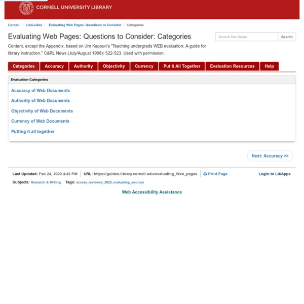 Categories  - Evaluating Web Pages: Questions to Consider - LibGuides at Cornell University