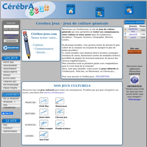 Cerebra-jeux - pour tester vos connaissances, votre culture et votre savoir en Français, Sciences, Géographie, Histoire