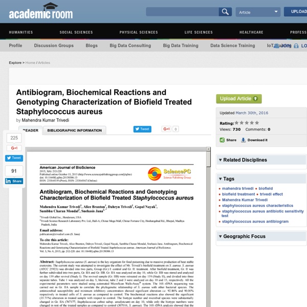 Antibiogram, Biochemical Reactions and Genotyping Characterization of Biofield Treated Staphylococcus aureus