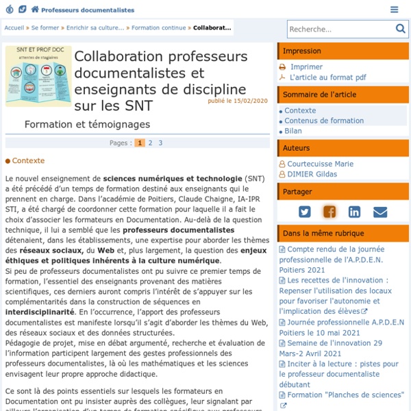 Collaboration professeurs documentalistes et enseignants de discipline sur les SNT - Doc'Poitiers - Le site des professeurs documentalistes