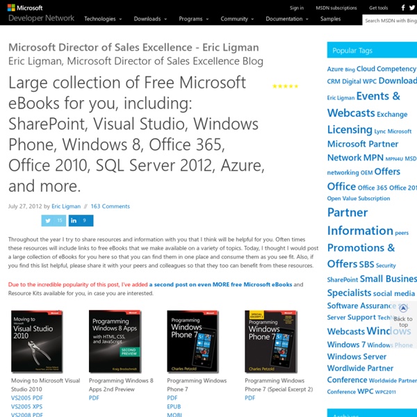 Large collection of Free Microsoft eBooks for you, including: SharePoint, Visual Studio, Windows Phone, Windows 8, Office 365, Office 2010, SQL Server 2012, Azure, and more. - Microsoft SMS&P Partner Community Blog - By Eric Ligman
