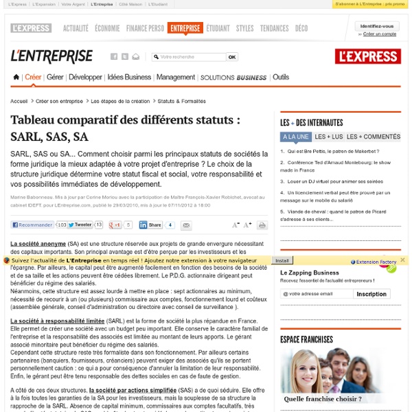 Juridique : Tableau comparatif des différents statuts : SARL, SAS, SA