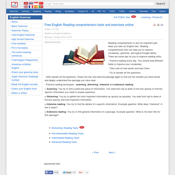 Free English Reading comprehension tests and exercises online