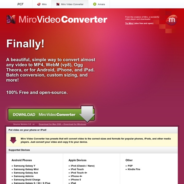 Miro Video Converter FREE - Convert any video to MP4, WebM (vp8), iPhone, Android, iPod, iPad, and more.