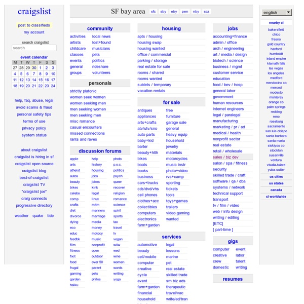 Craigslist: SF bay area classifieds for jobs, apartments, personals, for sale, services, community, and events