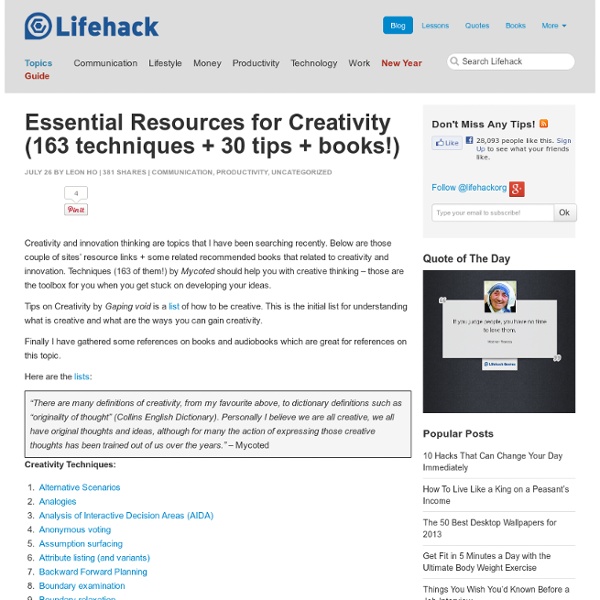 Essential Resources for Creativity (163 techniques + 30 tips + books!)