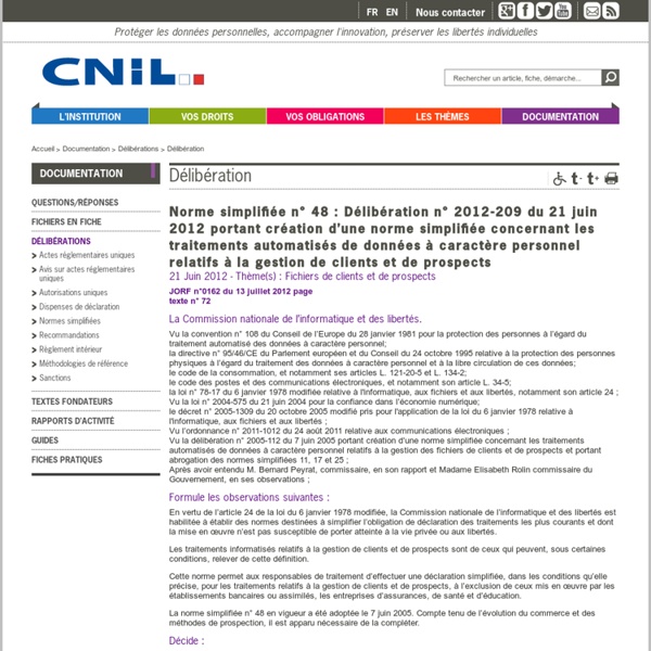 Norme simplifiée n° 48 : Délibération n° 2012-209 du 21 juin 2012 portant création d’une norme simplifiée concernant...