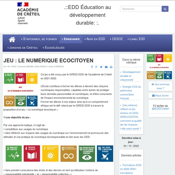 EDD Éducation au développement durable - JEU : LE NUMERIQUE ECOCITOYEN...
