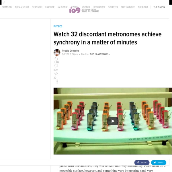 Watch 32 discordant metronomes achieve synchrony in a matter of minutes
