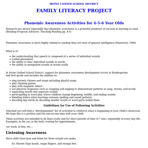 Irvine Unified School District: Phonemic Awareness Activities for 4-5-6 Year Olds