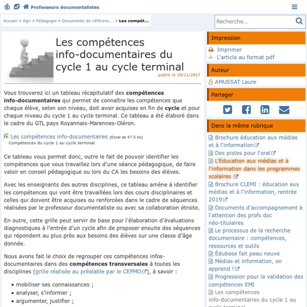 Les compétences info-documentaires du cycle 1 au cycle terminal- Les Enseignants Documentalistes de l’Académie de Poitiers