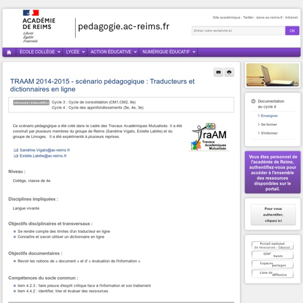 Enseigner Documentation cycle 4 - TRAAM 2014-2015 - scénario pédagogique : Traducteurs et dictionnaires en ligne