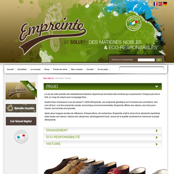 Empreinte : chaussures mode écologiques, fabrication française : Green Shoes - Sommaire - Accueil