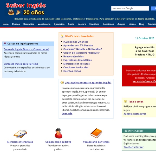 Saber Inglés - Aprender Inglés por Internet - Cursos de inglés gratis, ejercicios, diccionarios y recursos para todos los niveles - Free ESL Course and Exercises