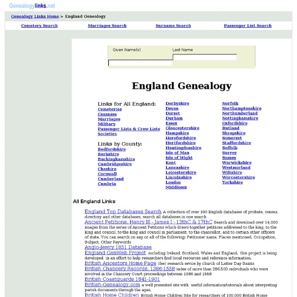 England Genealogy - over 7,000 English Geneology Links
