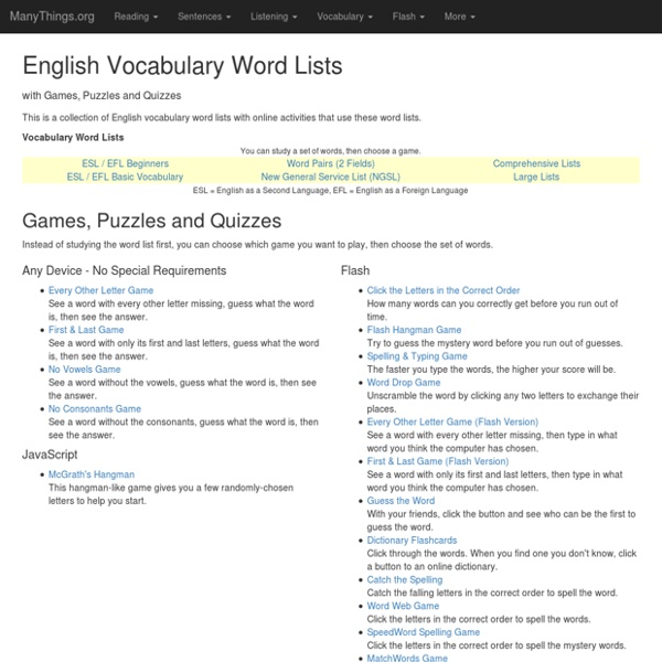 English Vocabulary Word Lists with Games, Puzzles and Quizzes