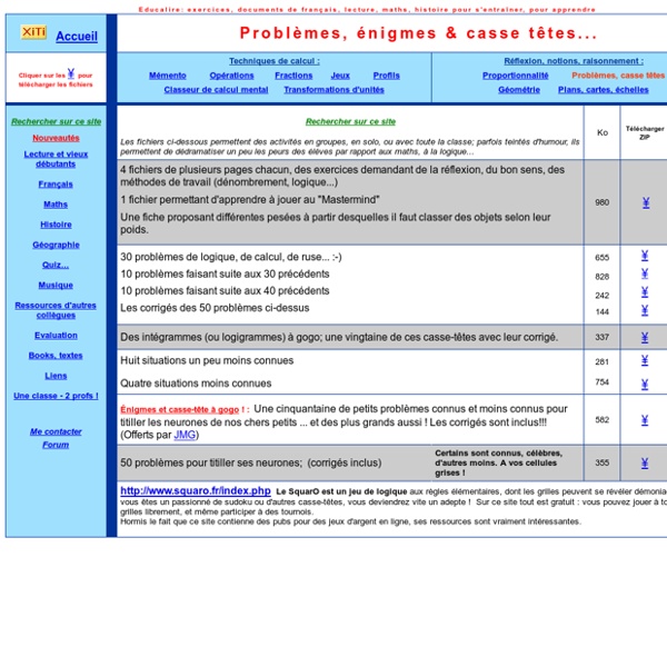 Mathématique, énigmes, casse-tête, problèmes, exercices