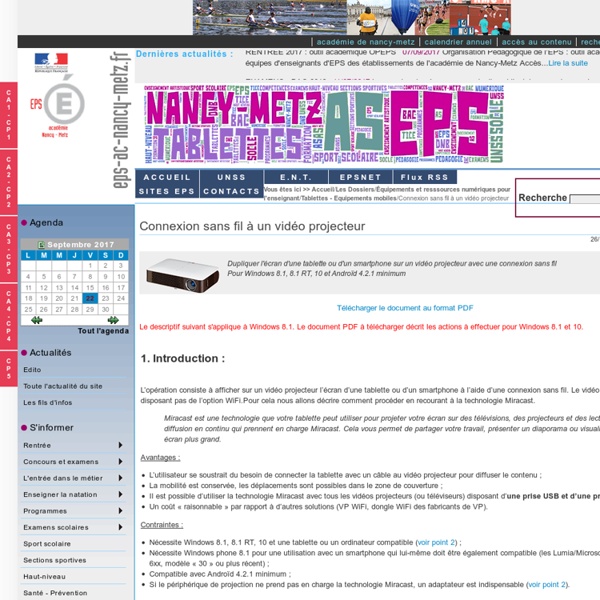 Connexion sans fil à un vidéo projecteur Tablettes - Equipements mobiles Le Numérique en EPS - Education Physique et Sportive - Nancy-Metz