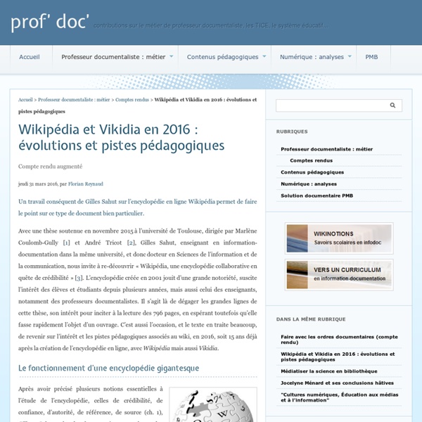 Wikipédia et Vikidia en 2016 : évolutions et pistes pédagogiques - prof' doc'
