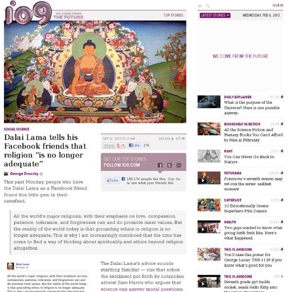Dalai Lama tells his Facebook friends that religion "is no longer adequate"