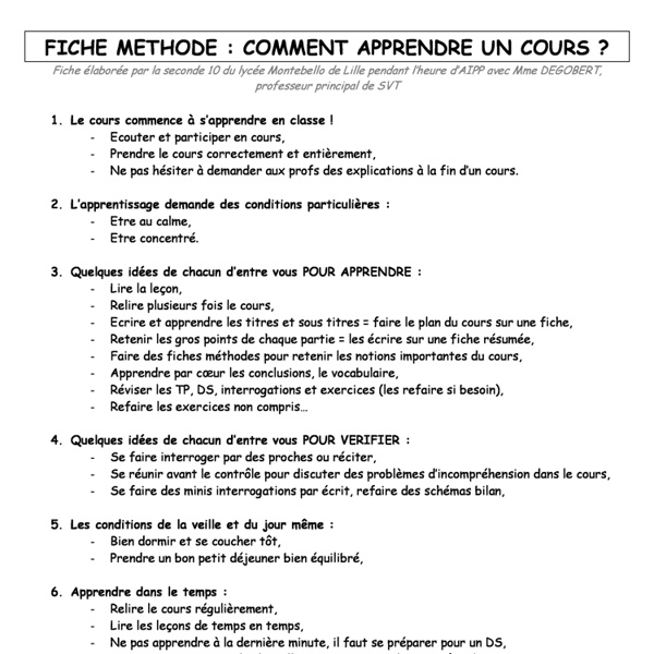 Méthode Pour Apprendre Ses Leçons Au Collège Parfois parfois Présentateur Artificiel fiches méthodologie collège pdf