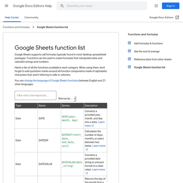 Liste des fonctions des feuilles de calcul Google - Centre d'aide Éditeurs Docs