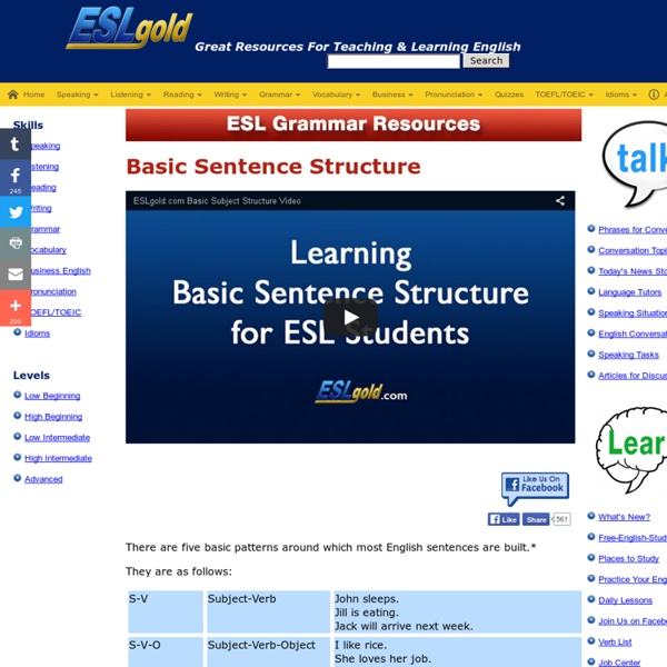 ESLGold.com - Grammar - Basic sentence structure - ESL English as a Second Language free materials for teaching and study. The best resources to help you learn English online