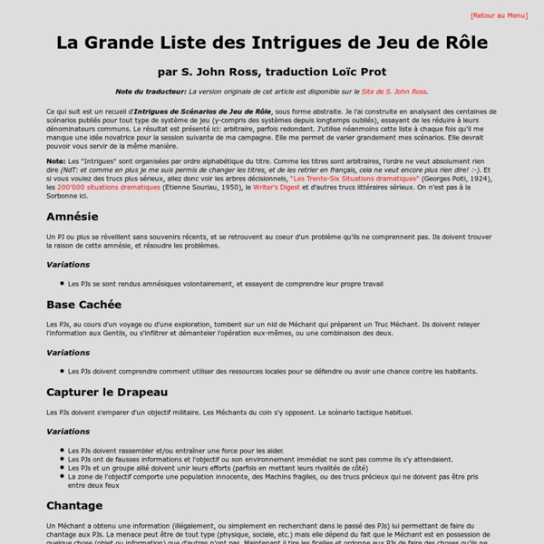 La Grande Liste des Intrigues de JdR, par S. John Ross, traduite par Loïc Prot