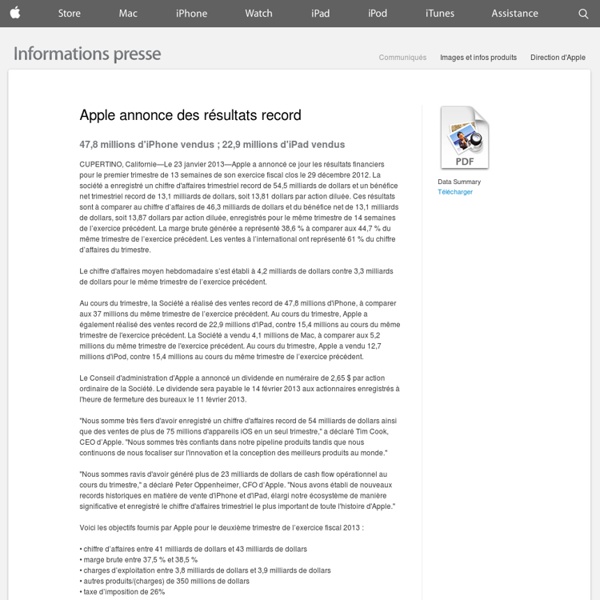 France) - Informations presse - Apple annonce des résultats record