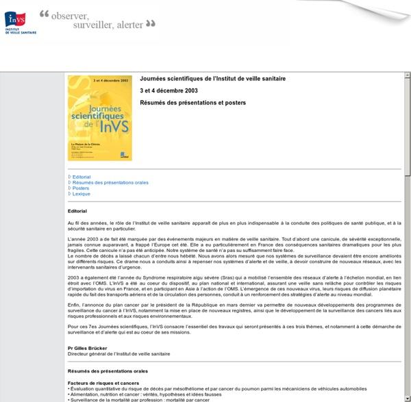 INVS 09/12/03 Journées scientifiques de l'Institut de veille sanitaire - 3 et 4 décembre 2003 - Résumés des présentations et posters - Au sommaire : Huîtres et toxi-infections alimentaires collectives à norovirus, France, décembre 2002